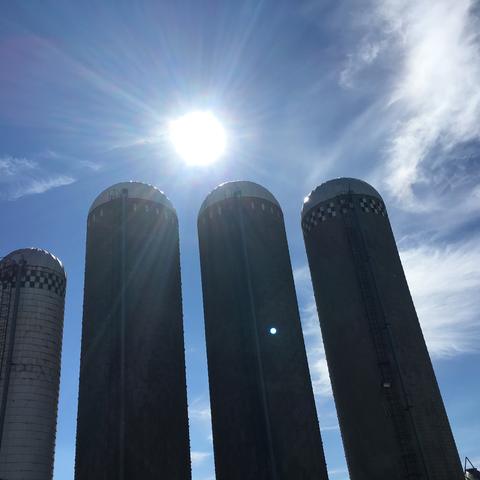 The farm's four tall silos against a bright sky