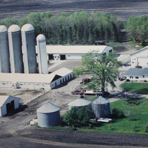 Aerial view of the Damhof farm and its silos